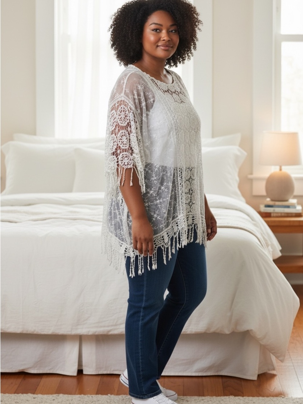 Lace Fringe Sheer Poncho Blouse - White